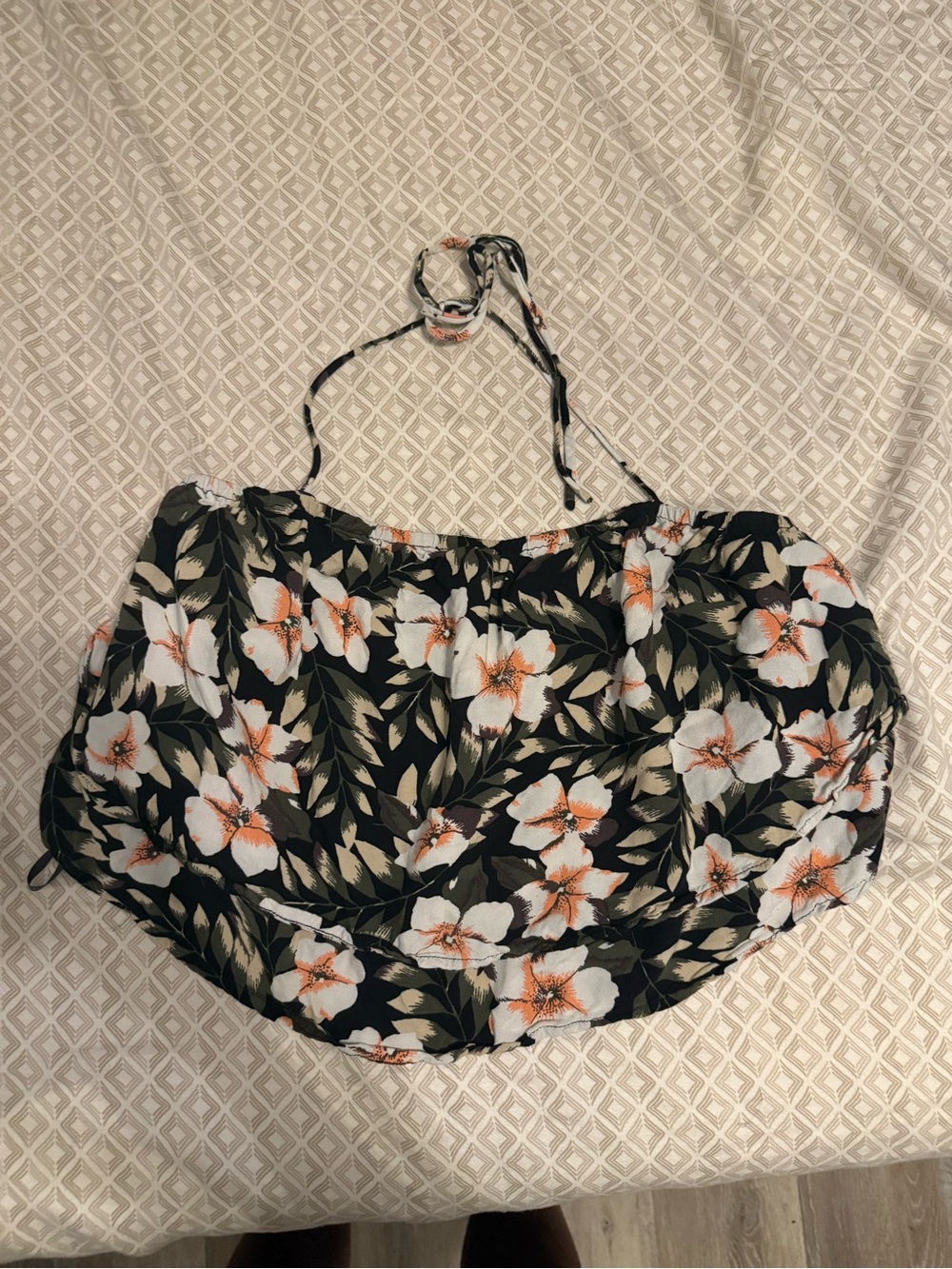 Volcom Black Floral Halter Crop Top with White and Orange Flowers